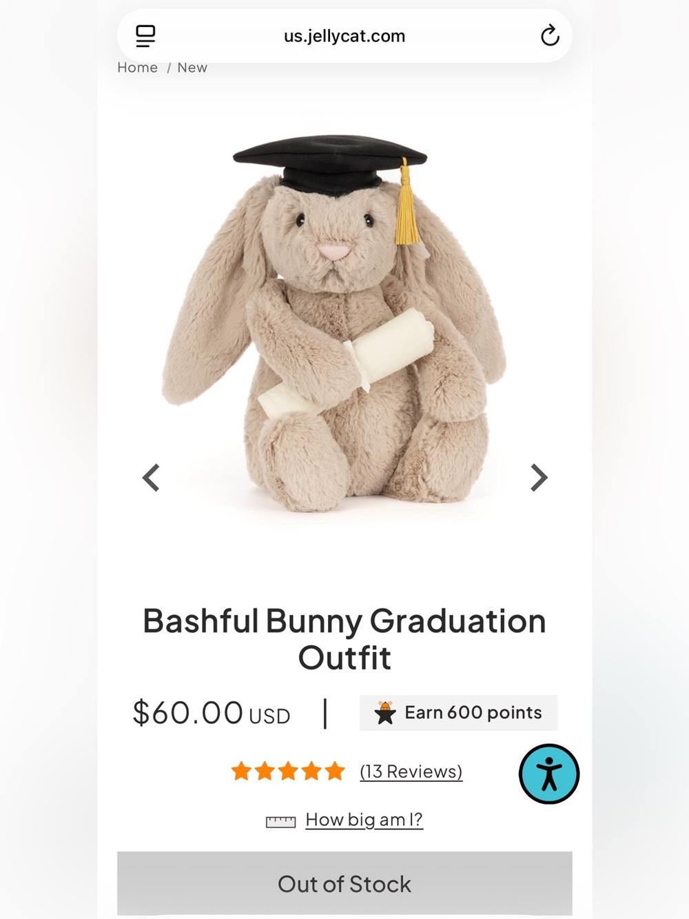 NWT Jellycat Bashful Bunny Graduation Outfit